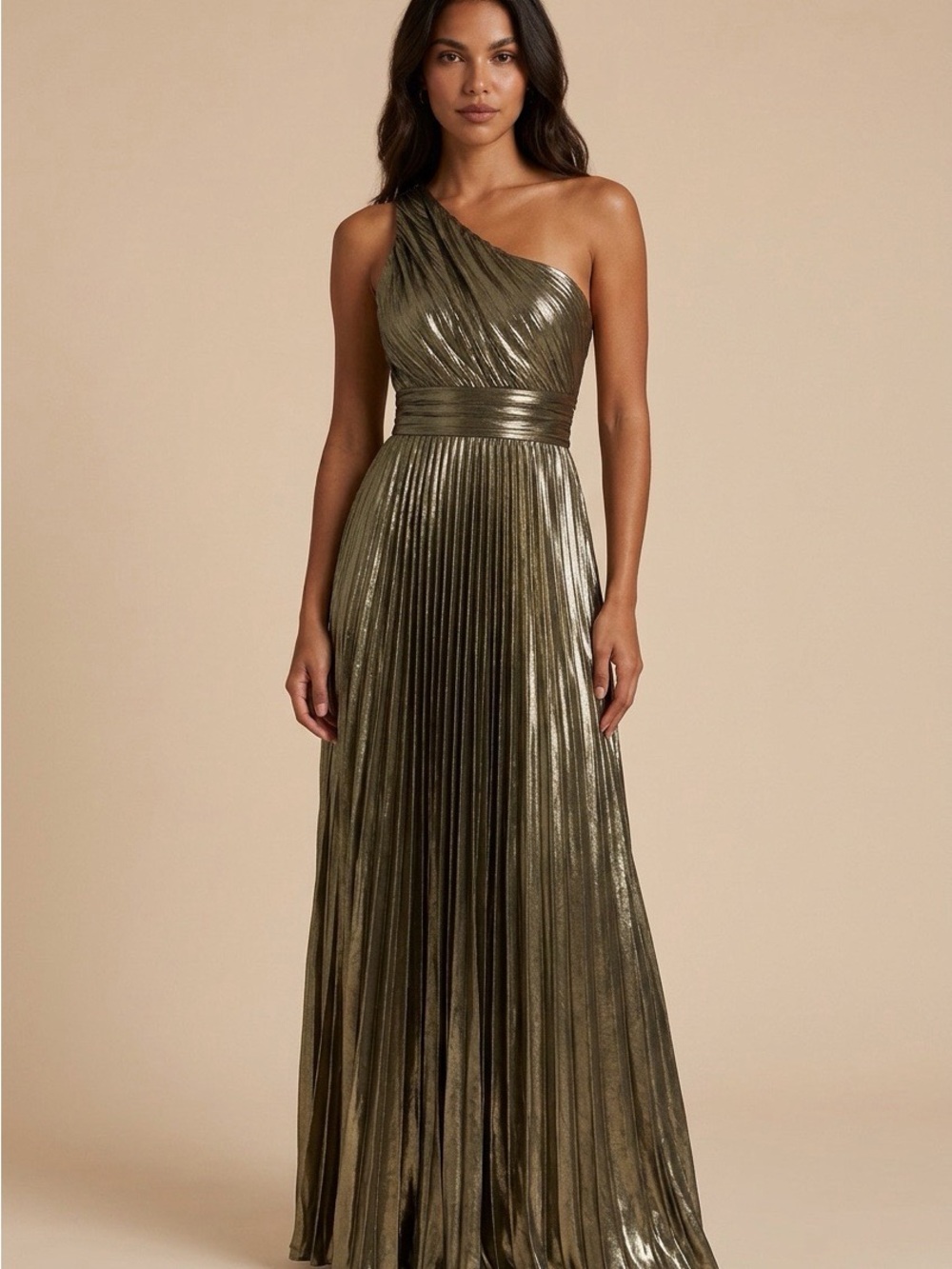 NWT Fashion Nova One-Shoulder Metallic Olive Gown